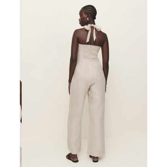 Malika oatmeal romper 100% linen never worn halter top sleeveless wide leg pant - Picture 3 of 6